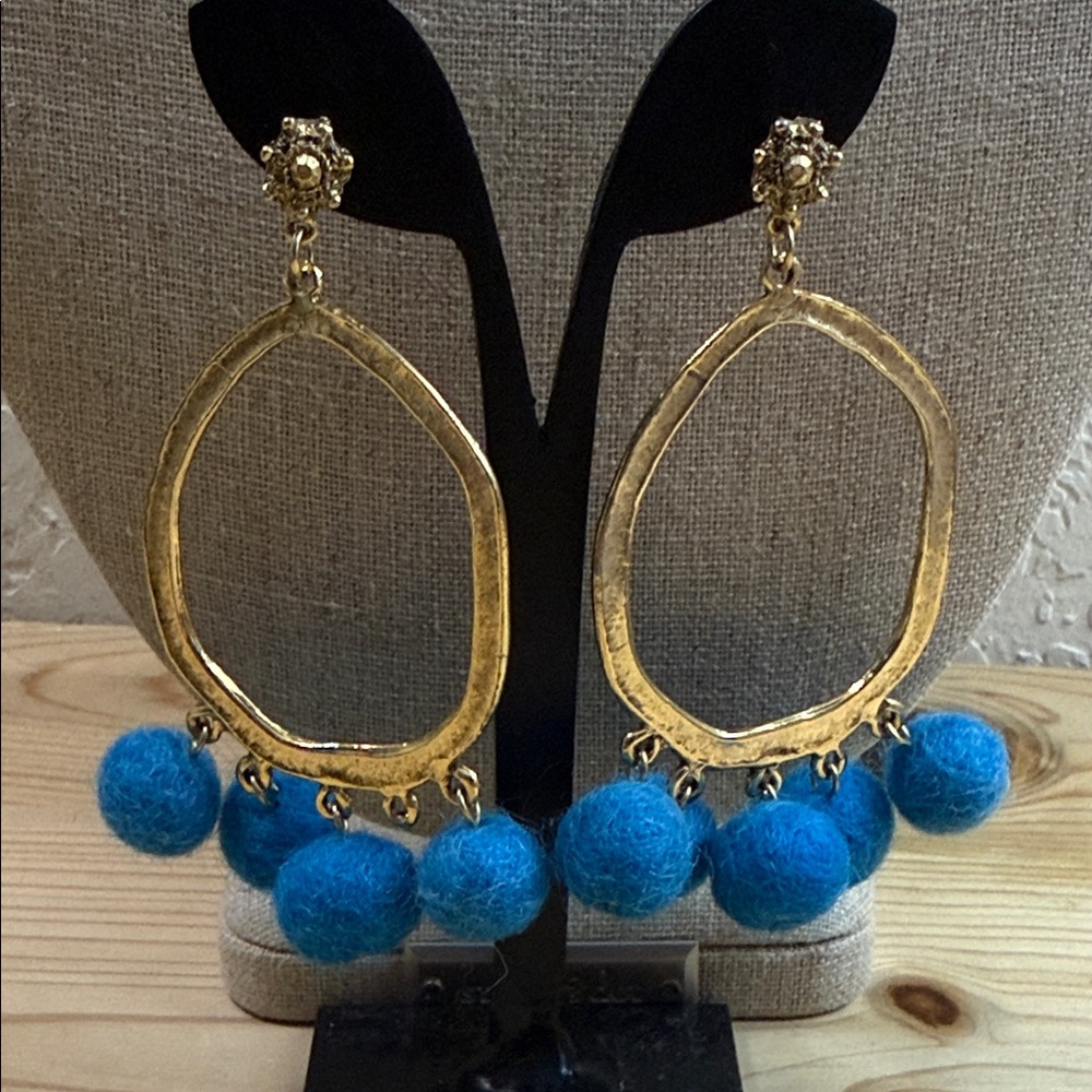 Yochi Gold Tone Hammered Metal Teal Pom Pom Earrings